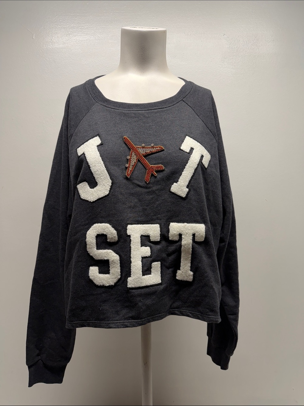 Judith March Jet Set Sweatshirt Pullover Cropped Cotton Rhinestone Gray Medium - Picture 2 of 8